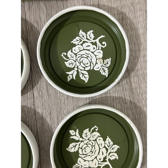 Vintage Metal Tole Ware Coasters In Original Box Green White Floral Set of 8 - Picture 12 of 13